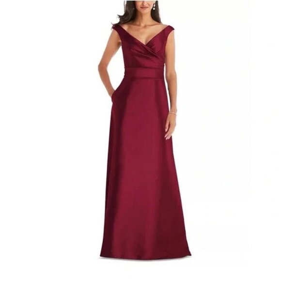 Alfred Sung Size 4 Burgundy D811S Off Shoulder Satin Maxi Gown Cocktail Dress - Picture 3 of 11